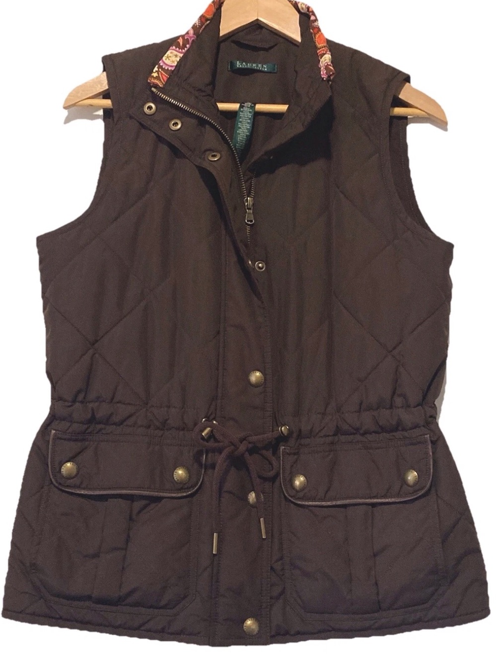 Lauren Ralph Lauren Quilted Brown Puffer Vest Womens SzMedium, Upcycled Collar